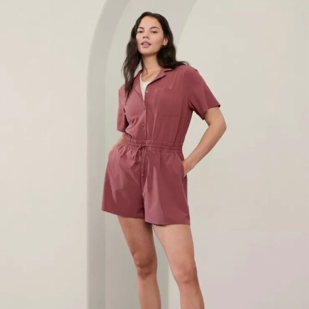 Athleta Brooklyn Short Sleeve Romper Mauve Pink Button Front Drawstring Size S